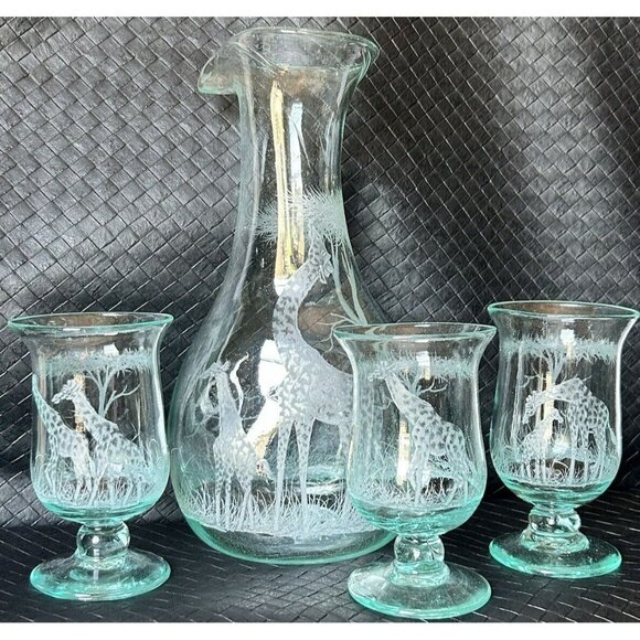 African Carafe And 3 Stemmed Glasses Hand Blown And Etched Giraffes Kenya